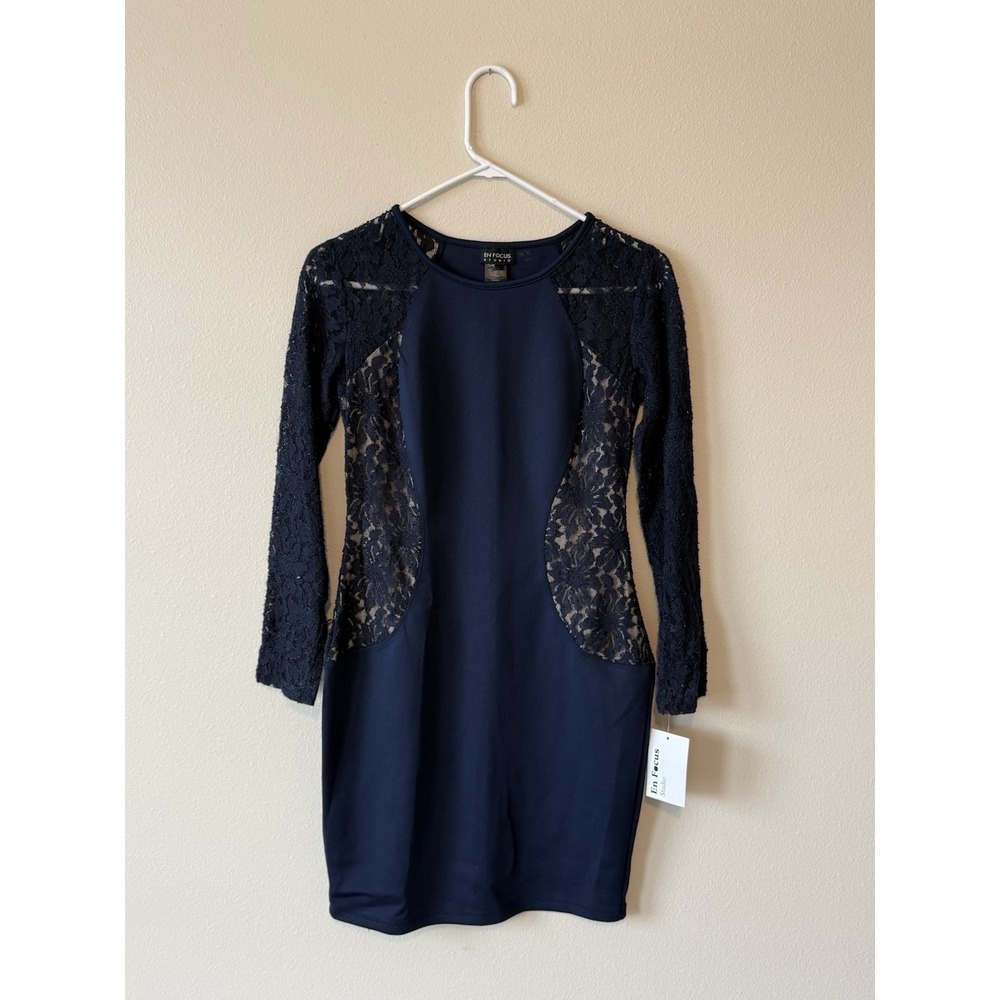 En Focus Studio Womens Dress Size‎ 4 Navy Blue Lace Long Sleeve Sheath NEW